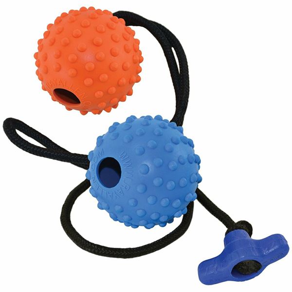 Doudele ball on rope dog toy - rubber ball for dog, fetch and chew