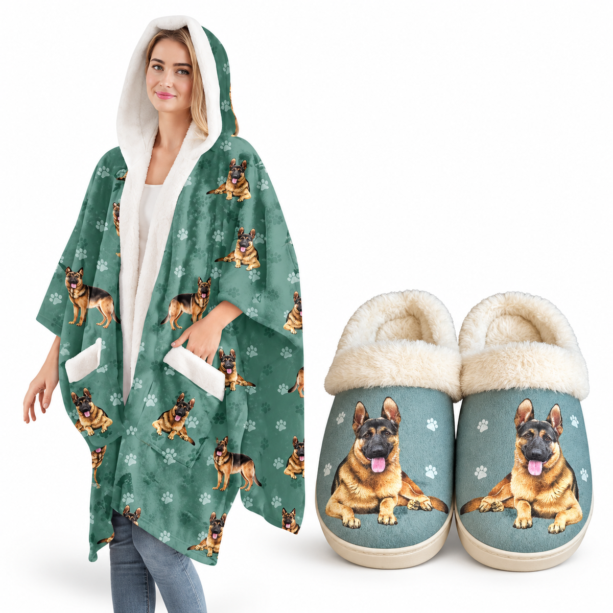 German Shepherd Cozy Bundle – Sherpa Blanket Hoodie & Memory Foam Slippers