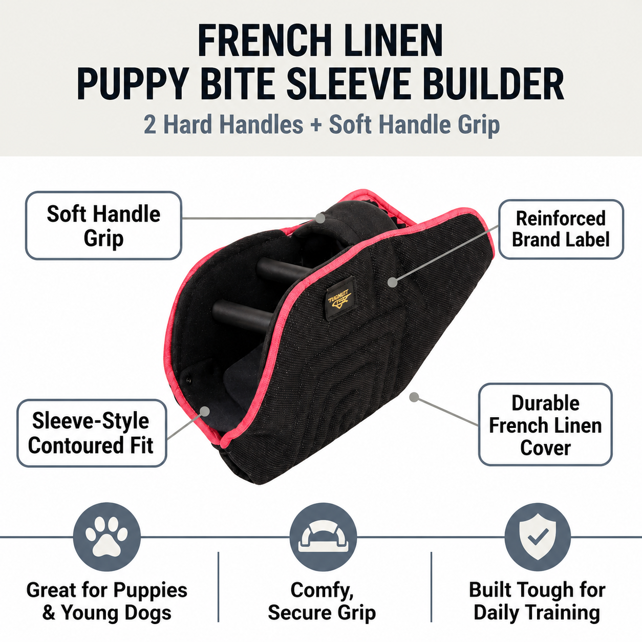 FDT - French Linen Puppy Bite Sleeve Builder with 2 Hard Handles & Soft Handle