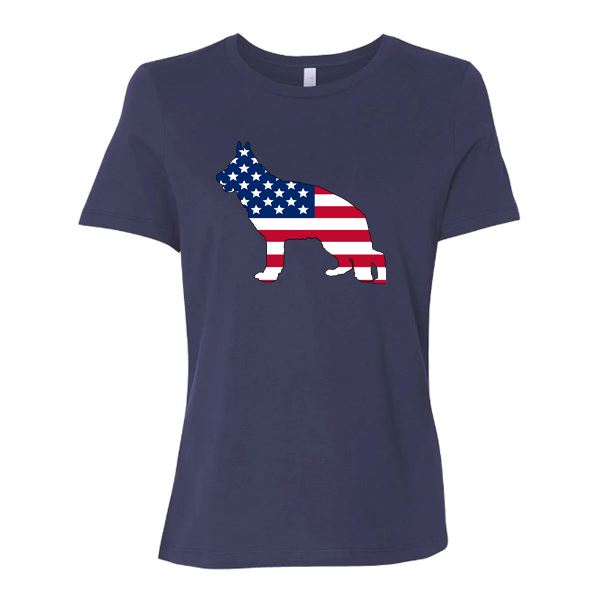 GSS - German Shepherd American Flag Silhouette T-Shirts German Shepherd Shop Bella Canvas Women's Crewneck Navy S