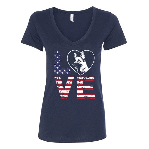 GSS - German Shepherd Love American Flag T-Shirts German Shepherd Shop Next Level Woman's V-Neck (runs small) Navy S