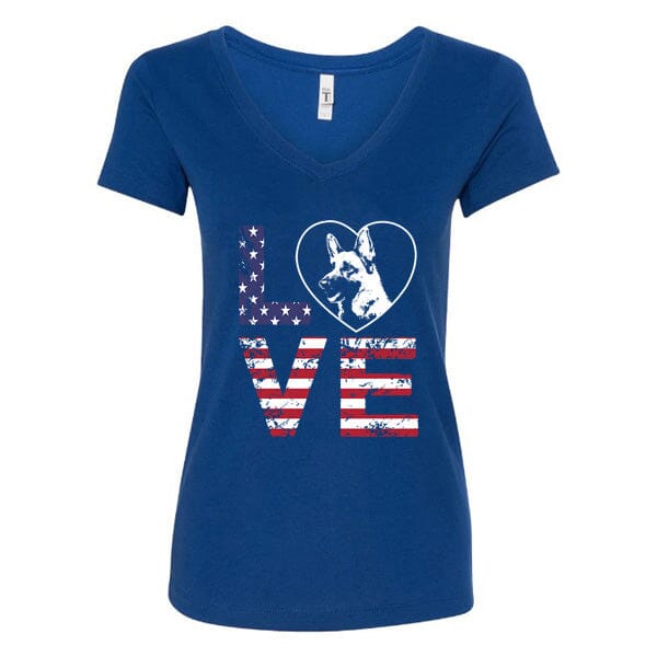 GSS - German Shepherd Love American Flag T-Shirts German Shepherd Shop Next Level Woman's V-Neck (runs small) Royal Blue S