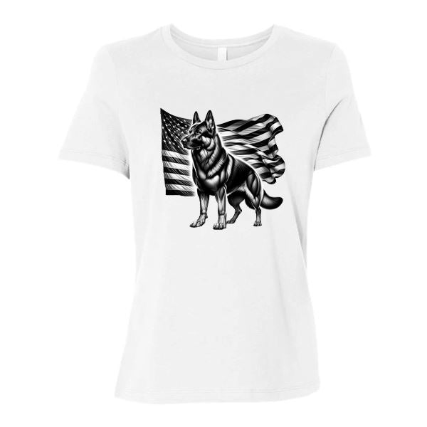 GSS - Patriotic German Shepherd With Flag T-Shirts German Shepherd Shop Bella Canvas Women's Crewneck White S