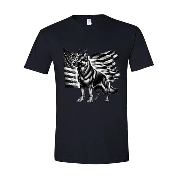 GSS - Patriotic German Shepherd With Flag T-Shirts in Gildan Men's Crewneck, durable for dogs