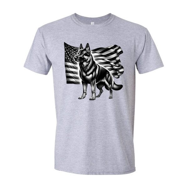 GSS - Patriotic German Shepherd With Flag T-Shirts in Gildan Men's Crewneck, durable for dogs