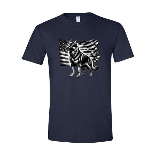 GSS - Patriotic German Shepherd With Flag T-Shirts in Gildan Men's Crewneck, durable for dogs