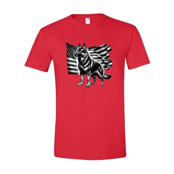 GSS - Patriotic German Shepherd With Flag T-Shirts in Gildan Men's Crewneck, durable for dogs