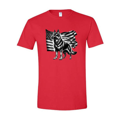GSS - Patriotic German Shepherd With Flag T-Shirts in Gildan Men's Crewneck, durable for dogs