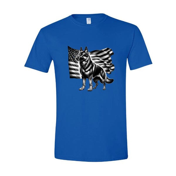 GSS - Patriotic German Shepherd With Flag T-Shirts in Gildan Men's Crewneck, durable for dogs