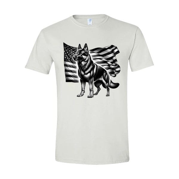 GSS - Patriotic German Shepherd With Flag T-Shirts in Gildan Men's Crewneck, durable for dogs