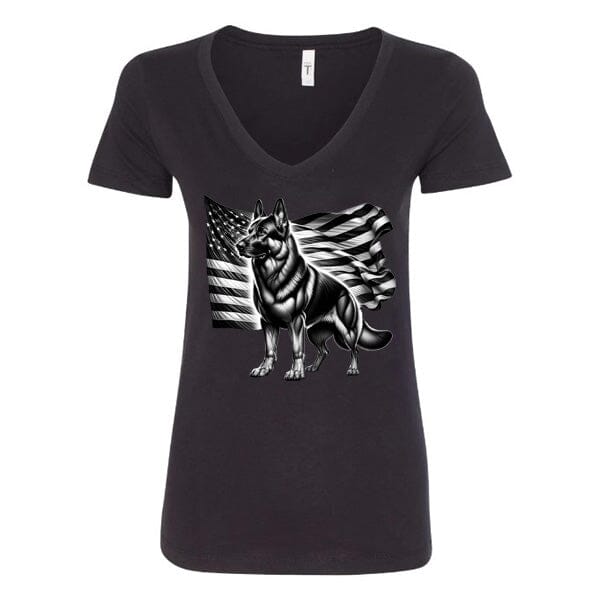 GSS - Patriotic German Shepherd With Flag T-Shirts German Shepherd Shop Next Level Women's V-Neck (runs small) Black S