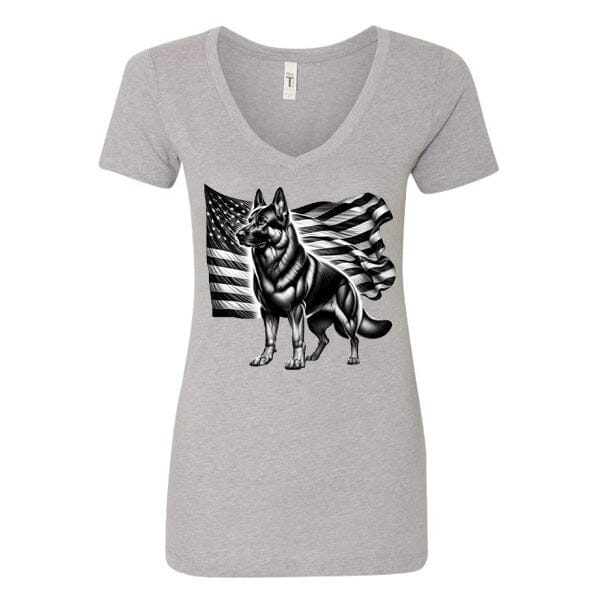 GSS - Patriotic German Shepherd With Flag T-Shirts German Shepherd Shop Next Level Women's V-Neck (runs small) Heather Gray S