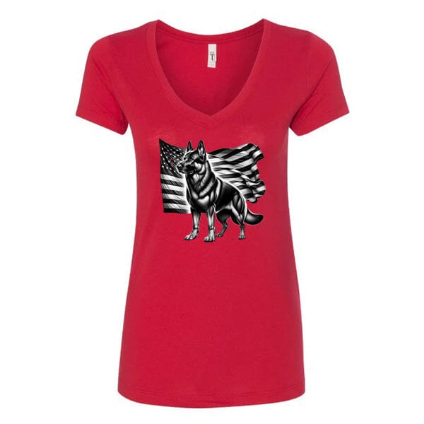 GSS - Patriotic German Shepherd With Flag T-Shirts German Shepherd Shop Next Level Women's V-Neck (runs small) Red S