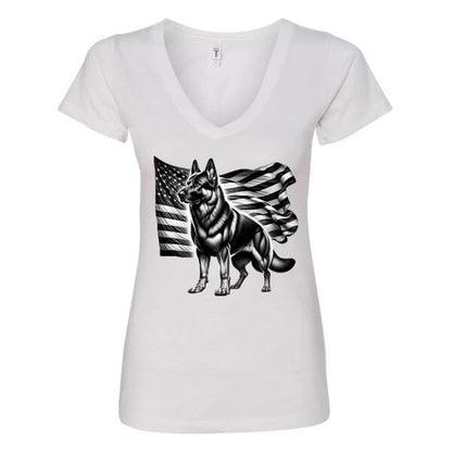 GSS - Patriotic German Shepherd With Flag T-Shirts in Next Level Women's V-Neck (runs small), durable for dogs
