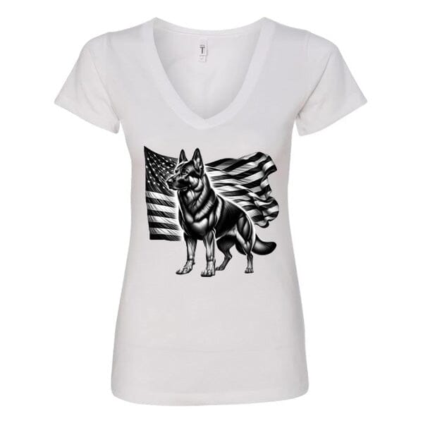 GSS - Patriotic German Shepherd With Flag T-Shirts German Shepherd Shop Next Level Women's V-Neck (runs small) White S