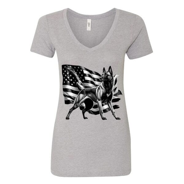 GSS - Patriotic Malinois T-Shirts German Shepherd Shop Next Level Women's V-Neck (runs small) Heather Gray S