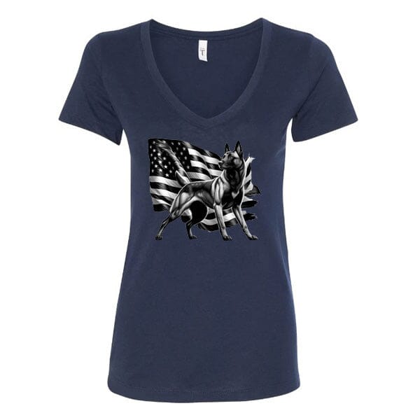 GSS - Patriotic Malinois T-Shirts German Shepherd Shop Next Level Women's V-Neck (runs small) Navy S