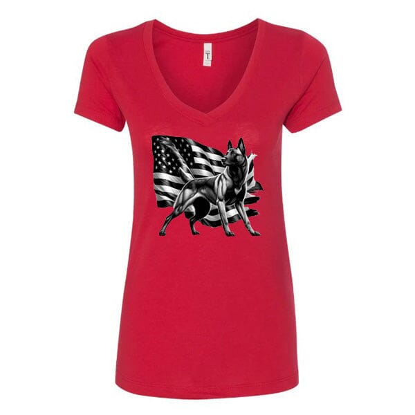 GSS - Patriotic Malinois T-Shirts German Shepherd Shop Next Level Women's V-Neck (runs small) Red S