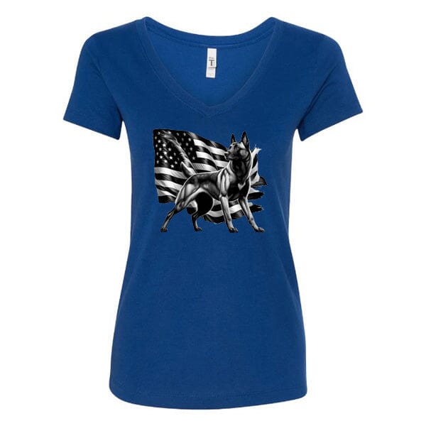 GSS - Patriotic Malinois T-Shirts German Shepherd Shop Next Level Women's V-Neck (runs small) Royal Blue S