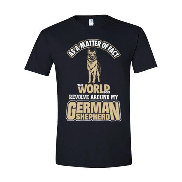 GSS - The World Does Revolve Around My German Shepherd Gold T-Shirts German Shepherd Shop Gildan Men's Crewneck Black S