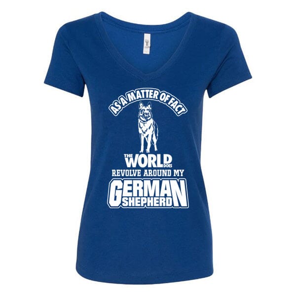 GSS - The World Does Revolve Around My German Shepherd T-Shirts German Shepherd Shop Next Level Woman's V-Neck Royal Blue S