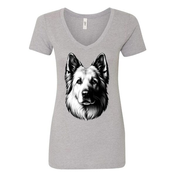 GSS - White Smiling German Shepherd T-Shirts German Shepherd Shop Next Level Women's V-Neck (runs small) Heather Gray S