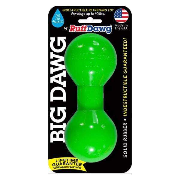 RUFF DAWG - Big Dawg Indestructible Rubber Floating Barbell Chew Toy - Guaranteed For Life Dog Toys Ruff Dawg Small ( Up to 40 Lbs) Neon Green 