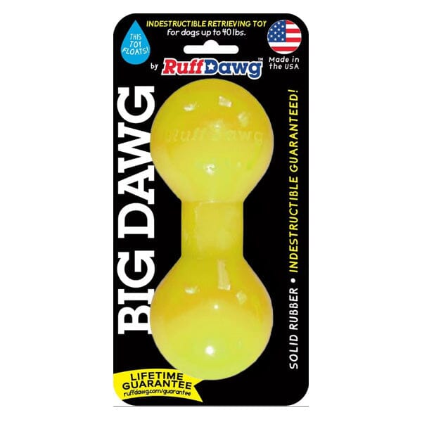 RUFF DAWG - Big Dawg Indestructible Rubber Floating Barbell Chew Toy - Guaranteed For Life Dog Toys Ruff Dawg Small ( Up to 40 Lbs) Neon Yellow 