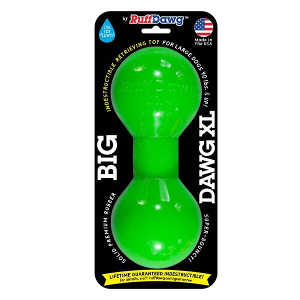 RUFF DAWG - Big Dawg Indestructible Rubber Floating Barbell Chew Toy - Guaranteed For Life Dog Toys Ruff Dawg X-Large (40 Lbs & up) Neon Green 