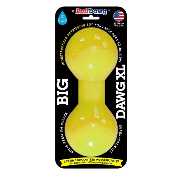 RUFF DAWG - Big Dawg Indestructible Rubber Floating Barbell Chew Toy - Guaranteed For Life Dog Toys Ruff Dawg X-Large (40 Lbs & up) Neon Yellow 