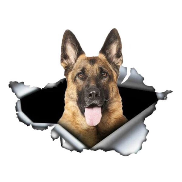 German Shepherd Busting Loose - Sticker 7" x 5" in , durable for dogs