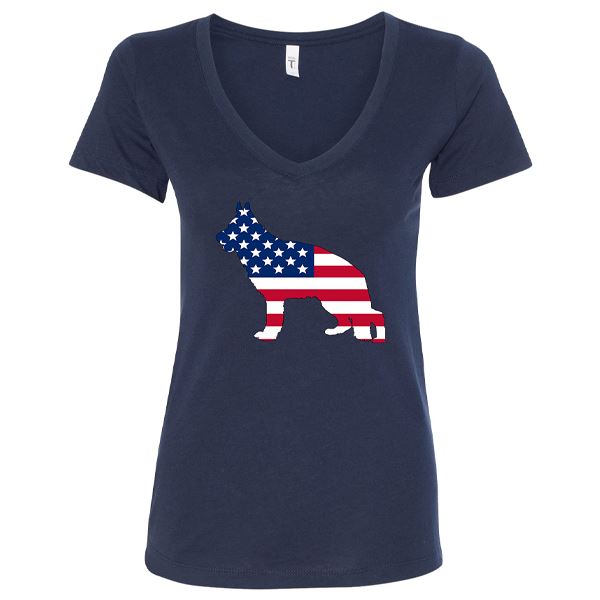 GSS - German Shepherd American Flag Silhouette T-Shirts & Hoodie German Shepherd Shop Next Level Woman's V-Neck Navy Blue S