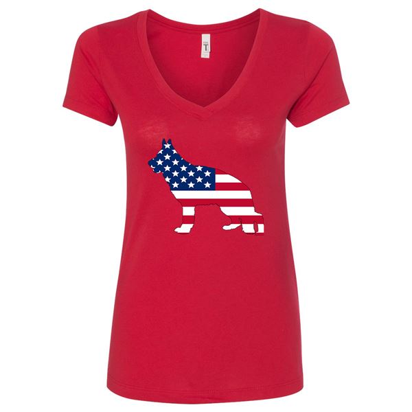 GSS - German Shepherd American Flag Silhouette T-Shirts & Hoodie German Shepherd Shop Next Level Woman's V-Neck Red S